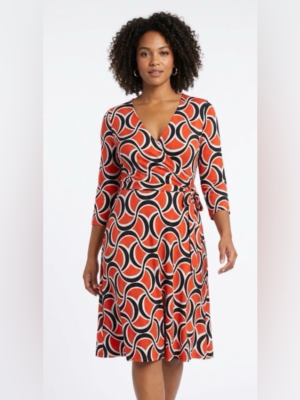 Leota Orange, Black & White Retro Geometric Pattern Dress Size M